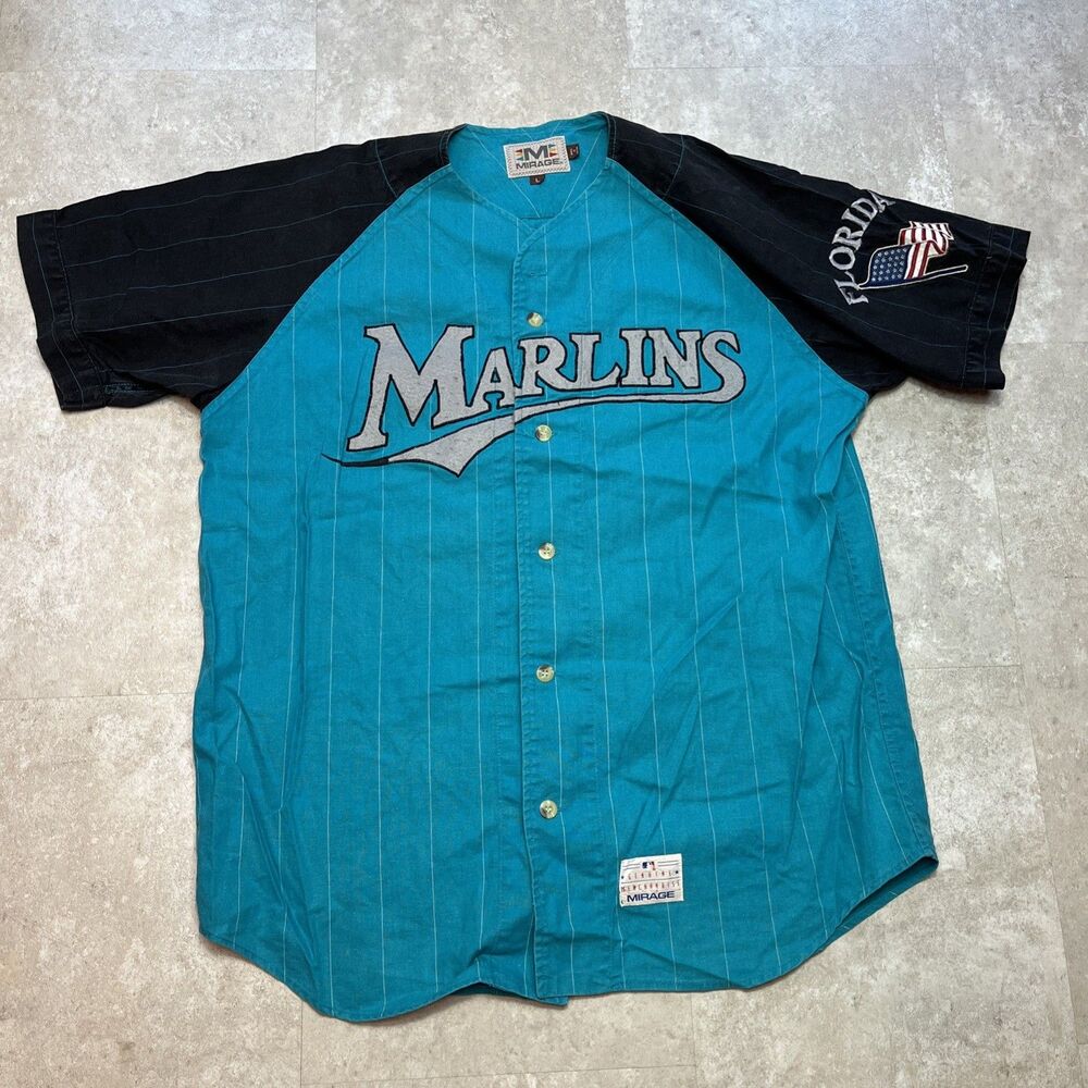 Vintage 90s Mirage Florida Marlins USA Flag Pinstripe Jersey Size Large